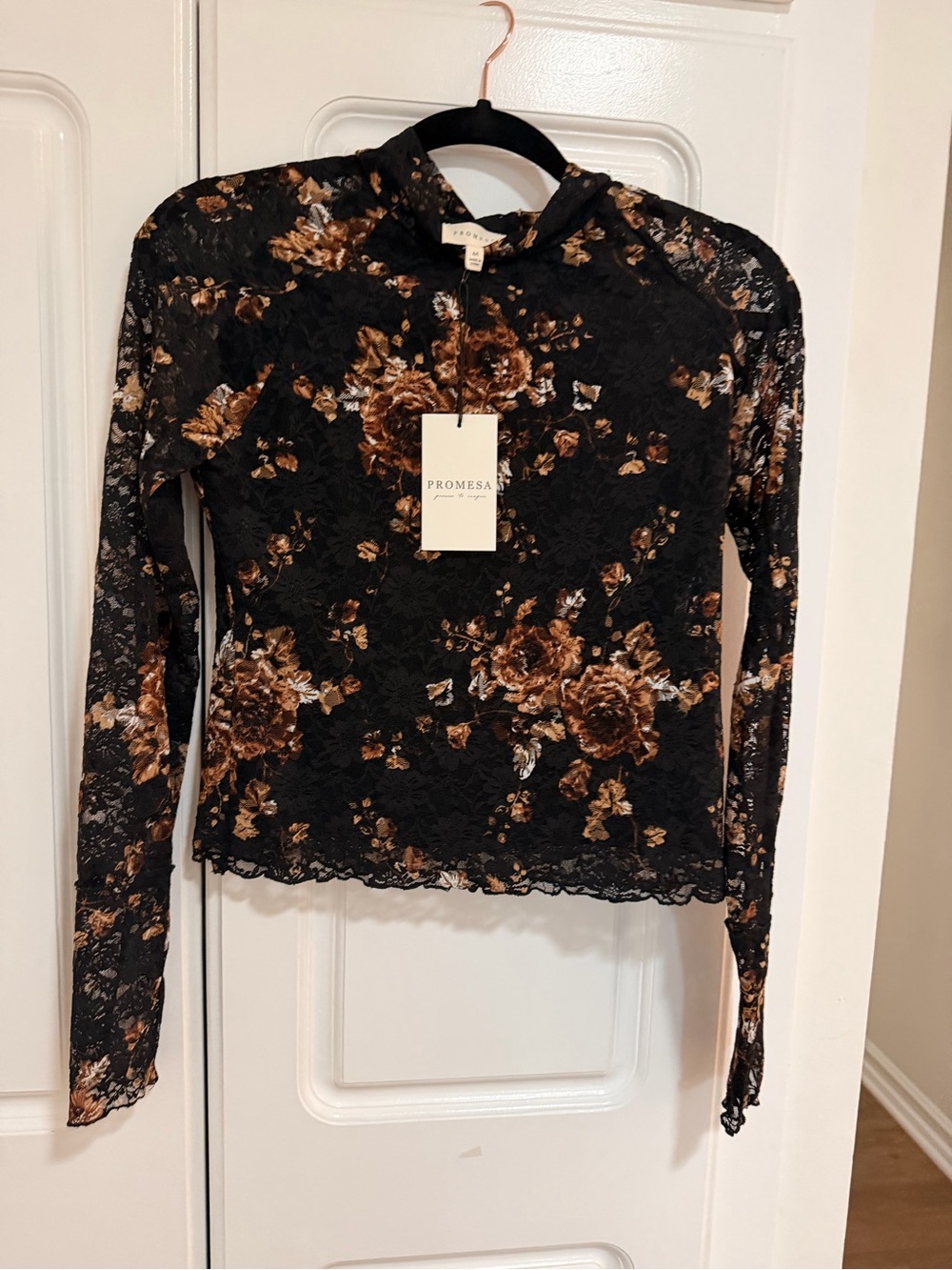 Promesa Black Lace Long-Sleeve Top with Brown Floral Print